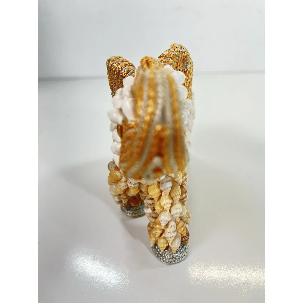 Mid-Century Boho Coastal Chic Seashell & Yarn‎ Handmade Elephant Figurine Luck